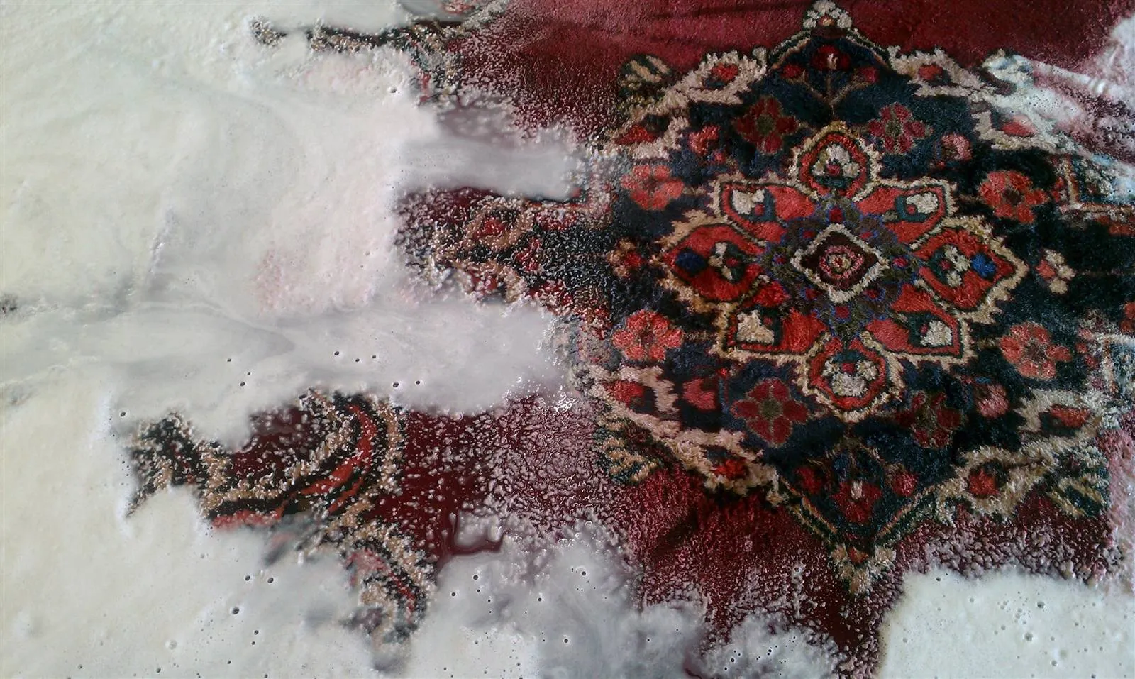 Oriental rug laid flat and covered in cleaning suds during a full wet wash